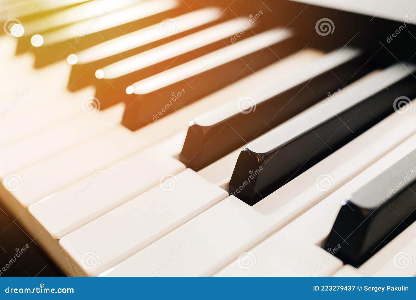 These are Closeup Digital Piano Keys with a Side Light of Sunlight