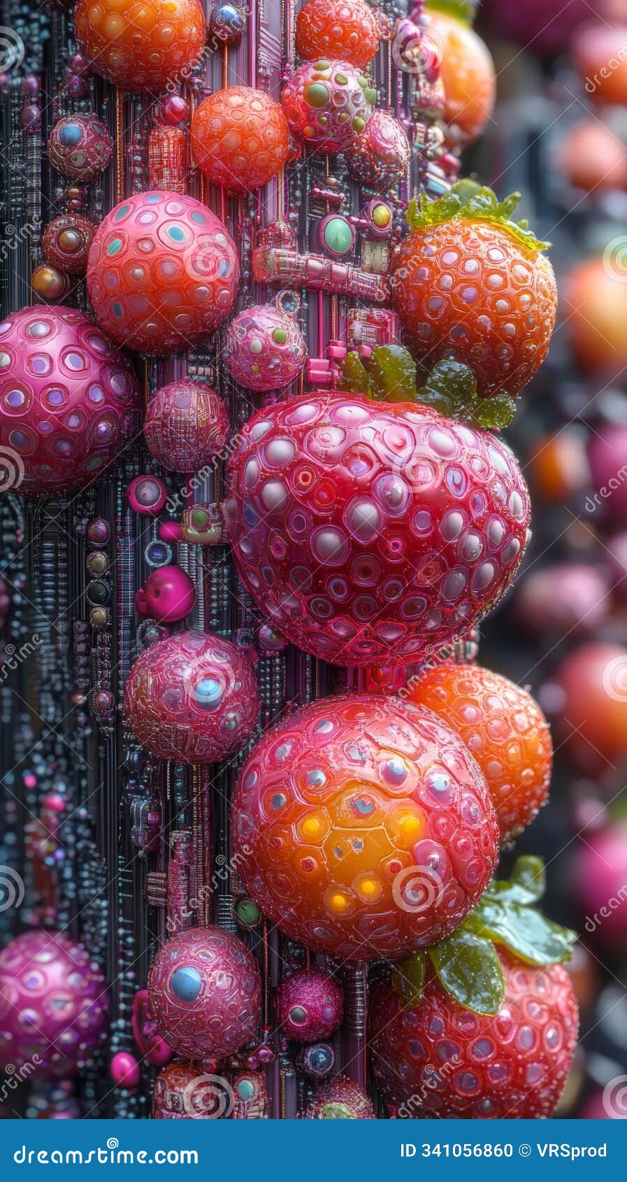 close-up of vibrant strawberry-like spheres on a futuristic circuit