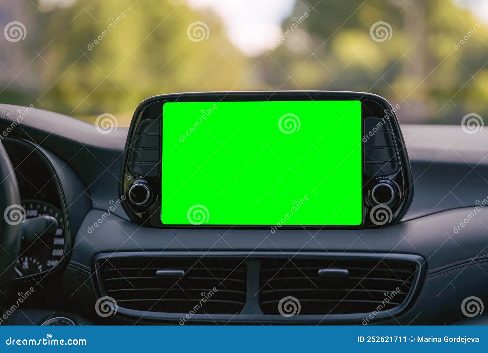Close Up Display with Green Screen on Car Panel, Car Driving with