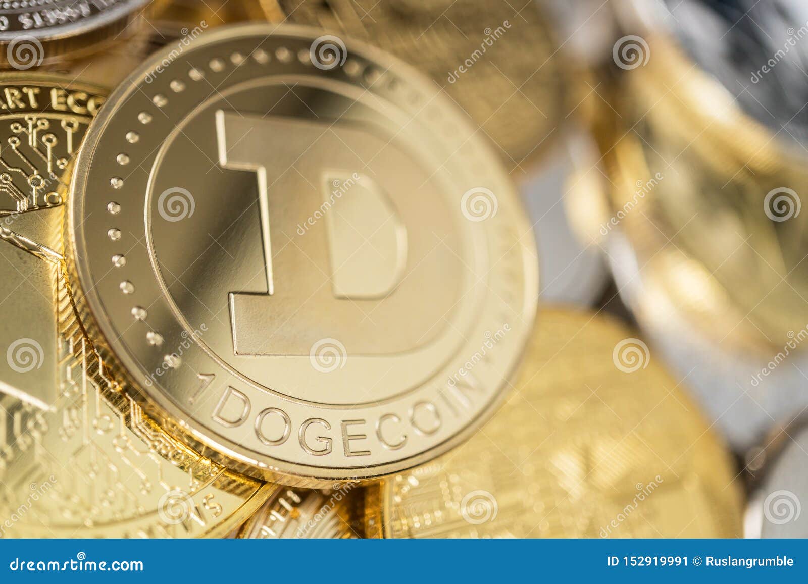 Close-up Of Dogecoin Physical Coin On Stack Of Many Other ...