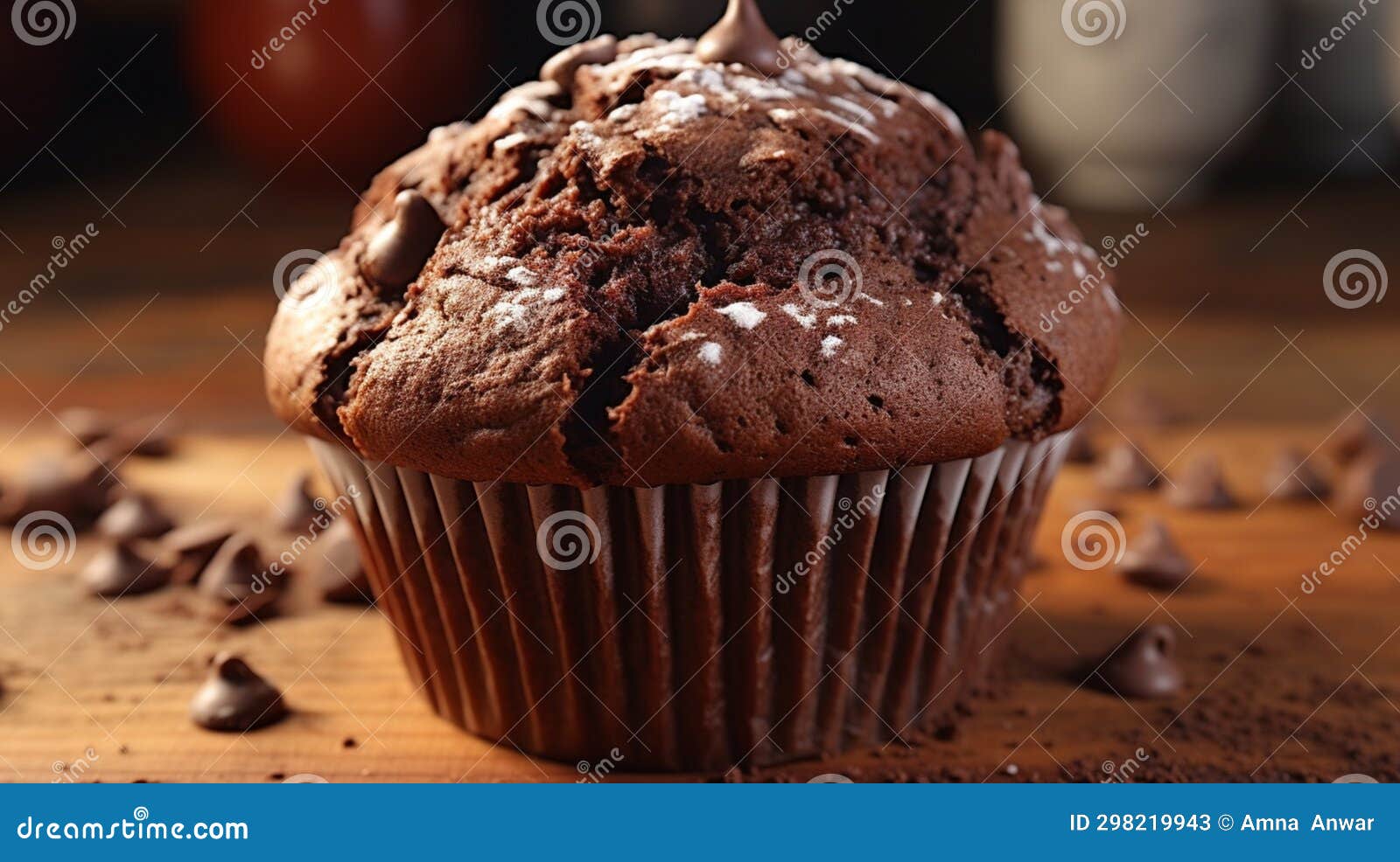 a close-up of a double chocolate chip muffin with a soft, moist center in