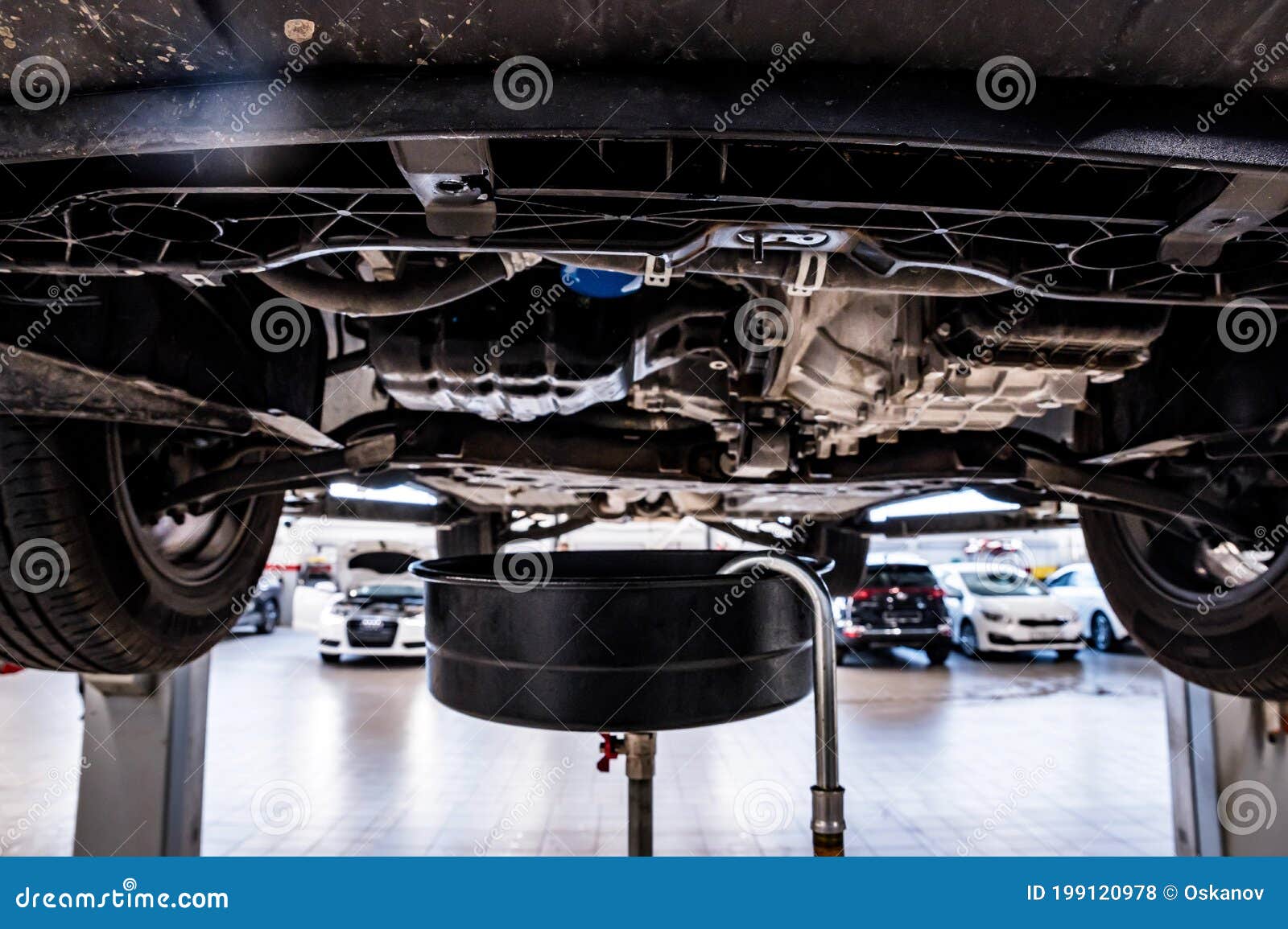 Closeup of Drains Engine Oil in a Car during Service. Stock Photo