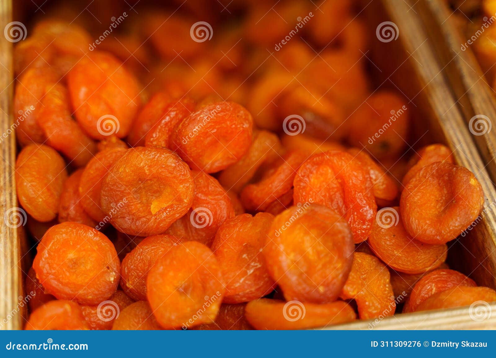 close-up of dried apricots in a market stall