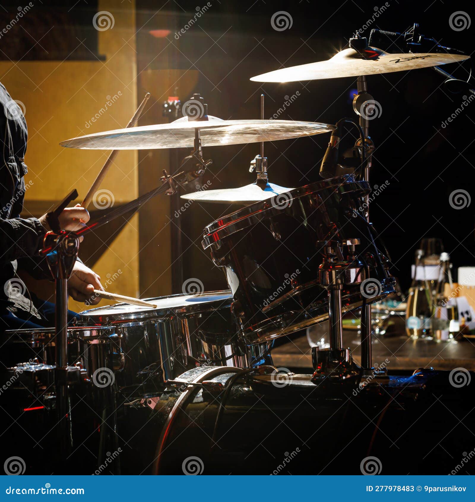 Closeup of Drummer Drumsticks with a Drum Set. Stock Image Image of
