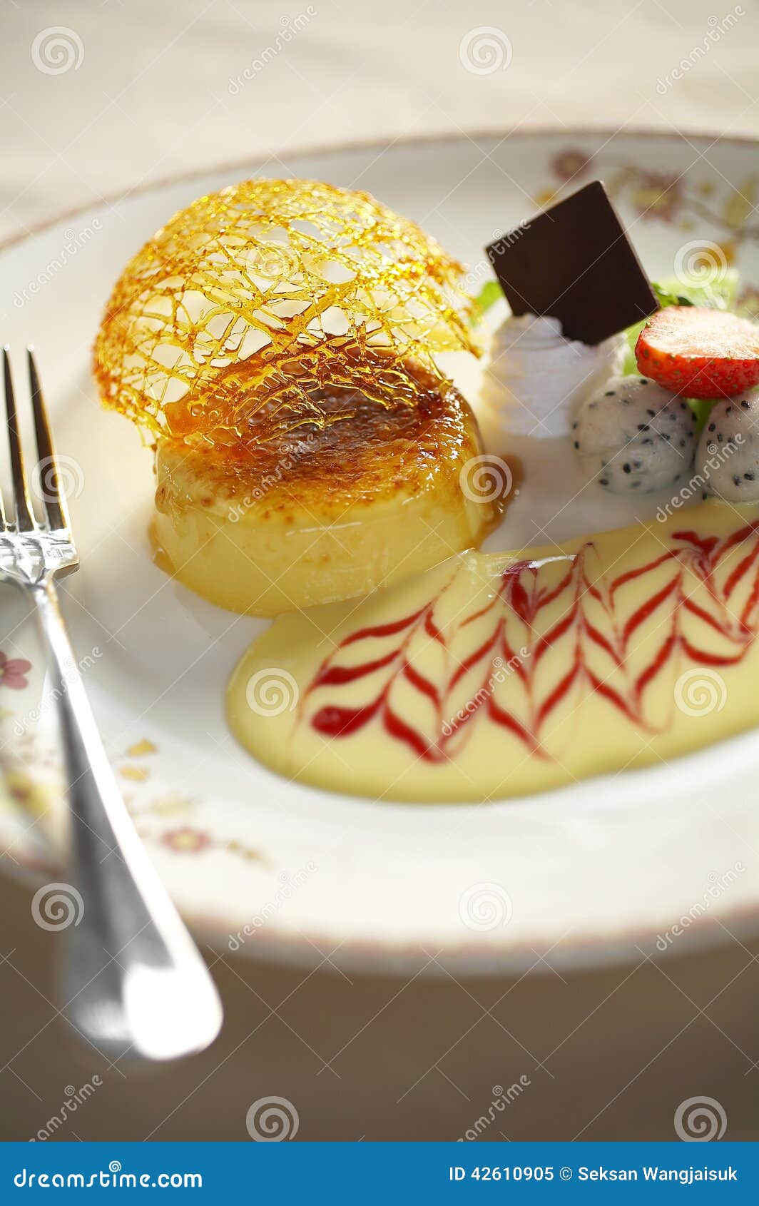 Close Up Egg Custard with Cream Sauce and Fruit Stock Image Image of