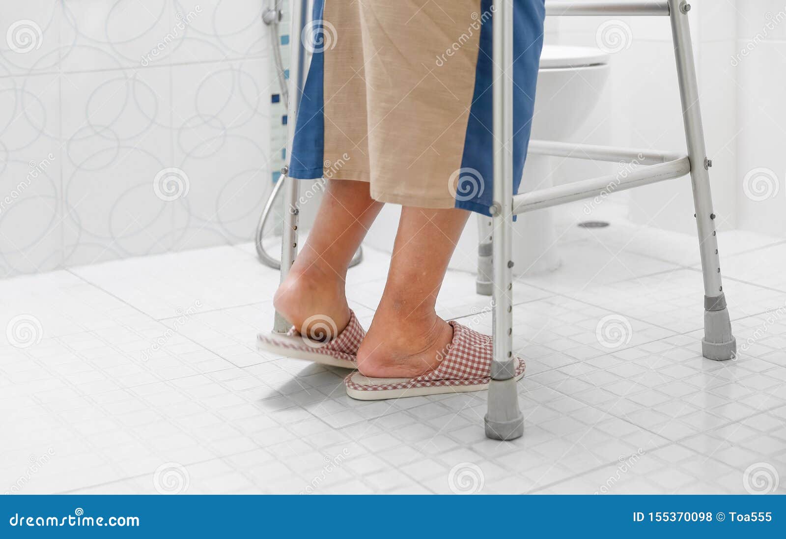 elderly swollen feet or edema leg walk into bathroom