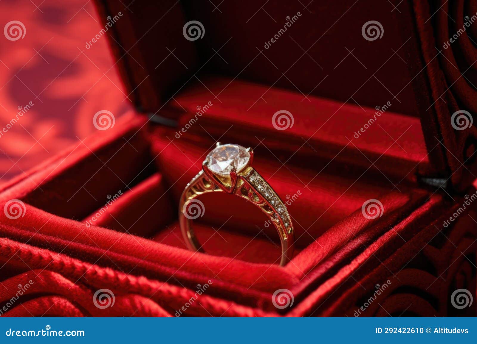 Closeup of an Engagement Ring in a Red Velvet Box Stock Photo Image