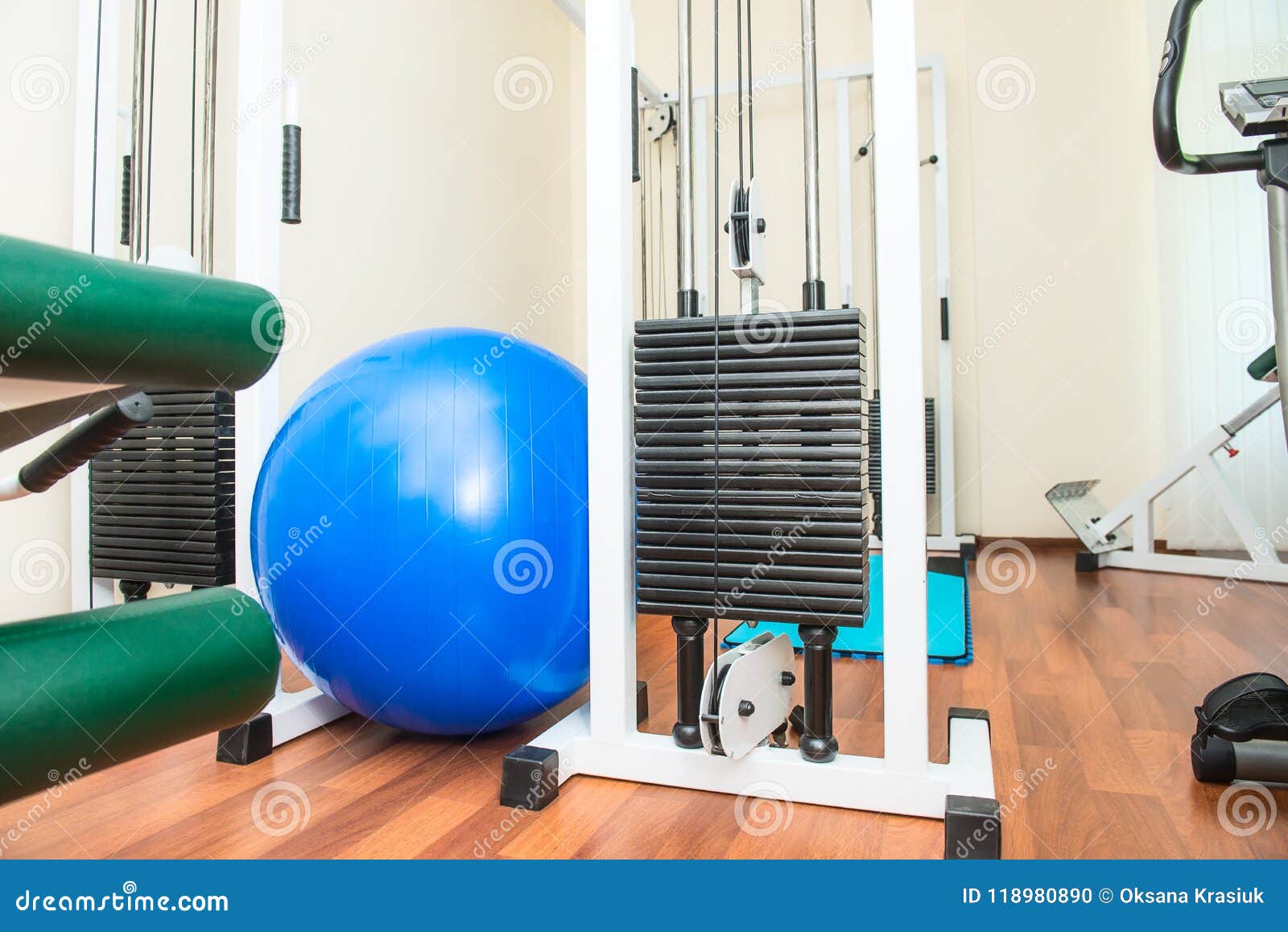 close up equipment for rehabilitation in interior of physiotherapy clinic. physical therapy center. selective focus, copy space