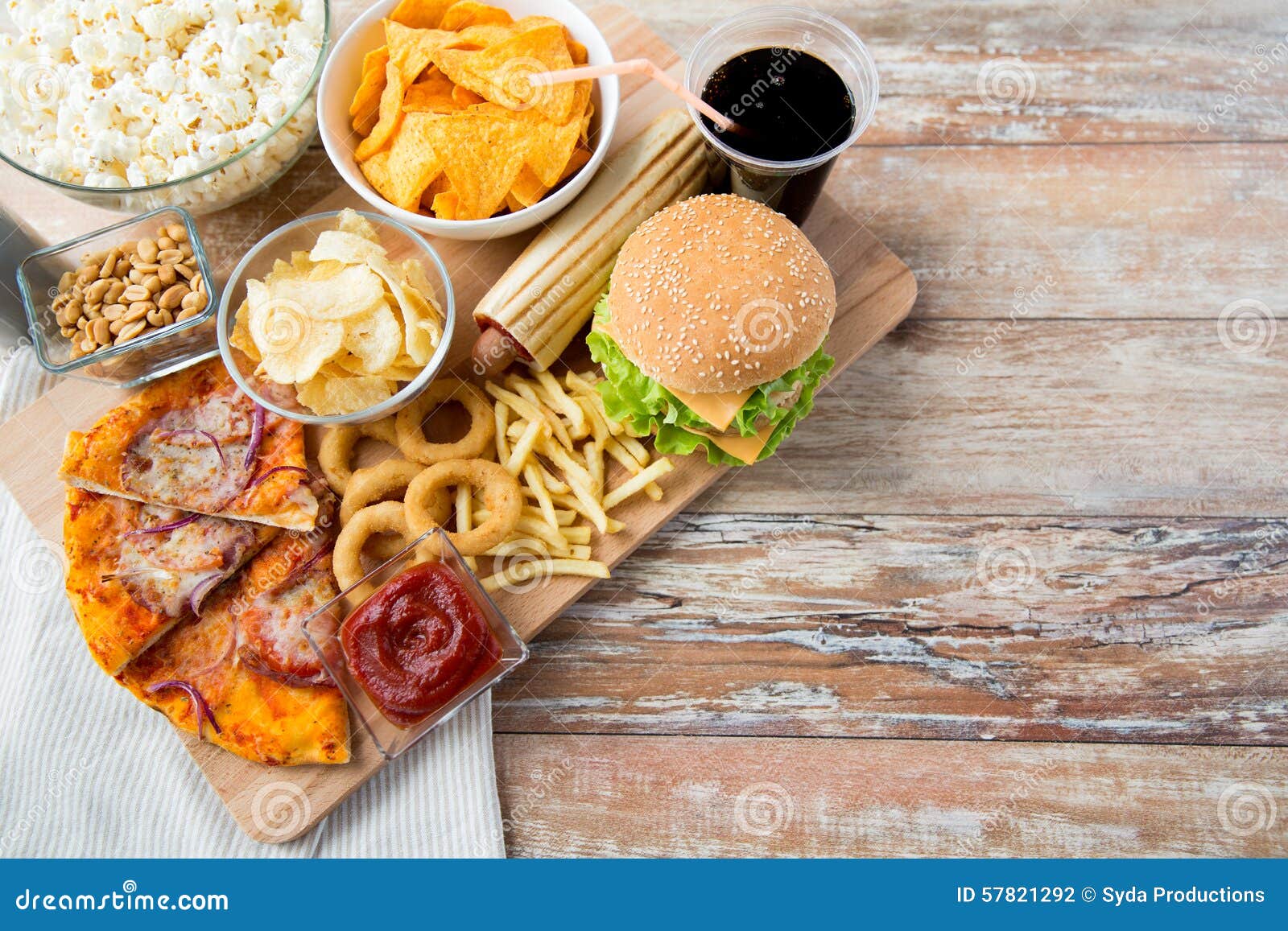 Close Up Of Fast Food Snacks  And Drink On Table Stock 