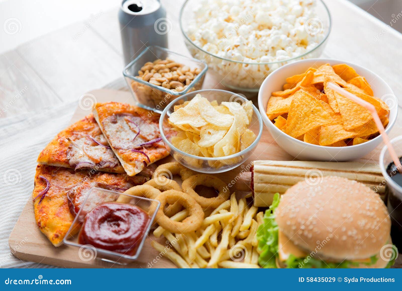 Close Up Of Fast Food Snacks And Drink On Table Stock Image Image Of