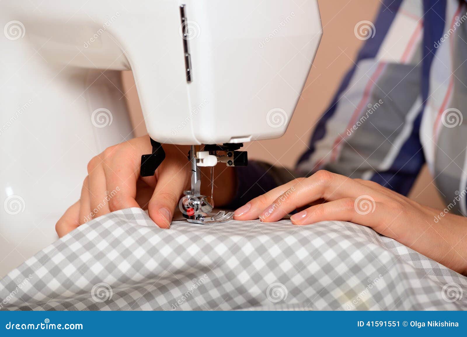 Closeup Female Hands Sewing Fabric on Sewing Machine Stock Image