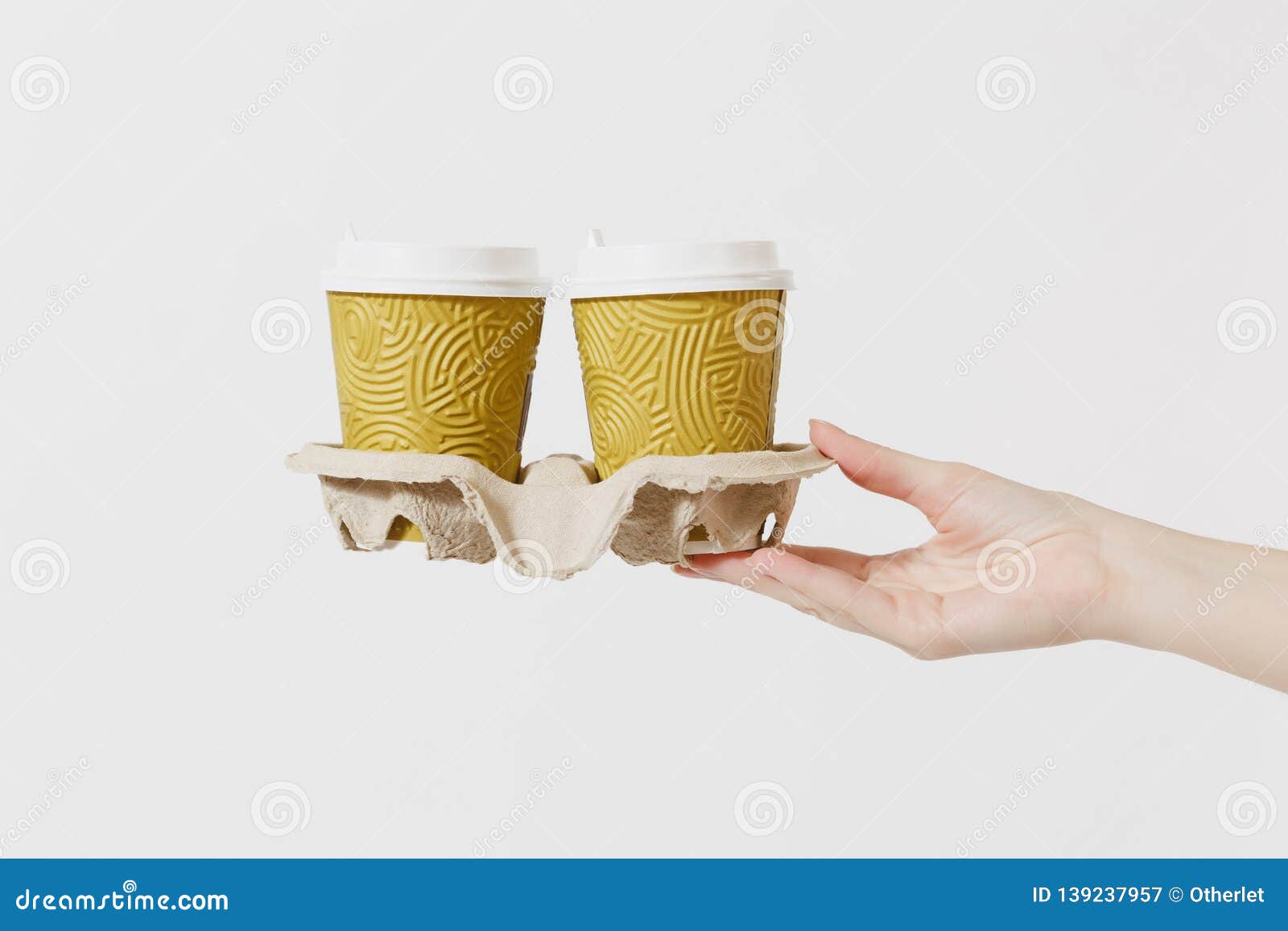 Close Up Female Holds in Hand Two Takeaway Cup of Coffee or Tea in Clear  Empty Blank Cardboard Brown Cup Holder Stock Image - Image of delivery,  blank: 139237957