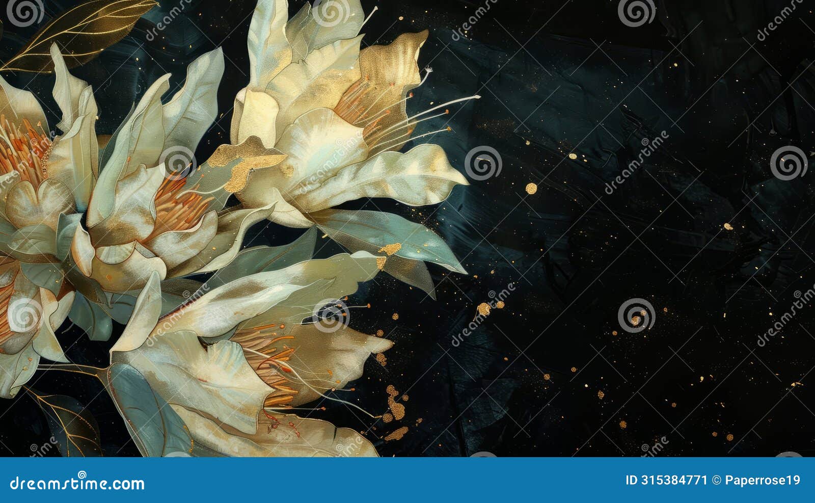 close-up, a few epiphyllum flowers, gild, liquid gold flowing, fuzzy edge, rock color board painting