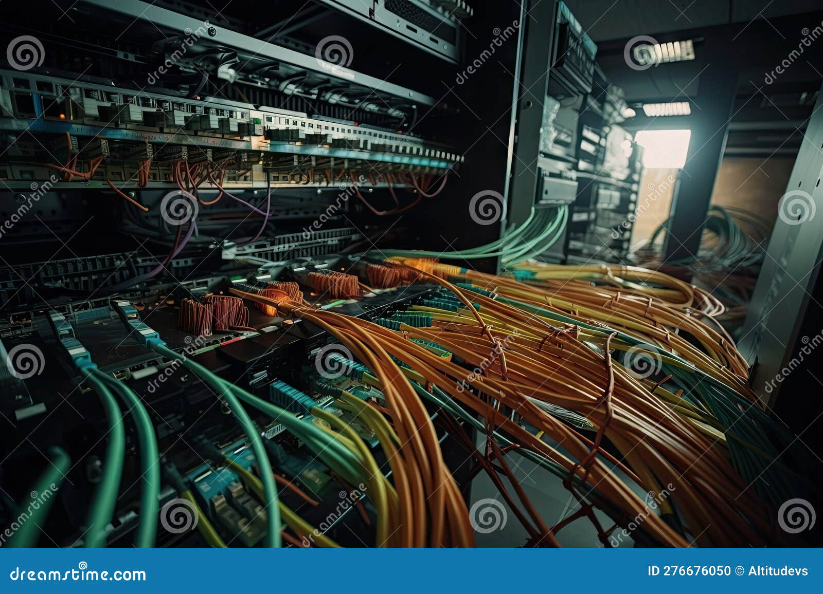 Closeup of Fiber Optic Cables Being Installed in Building Stock Photo