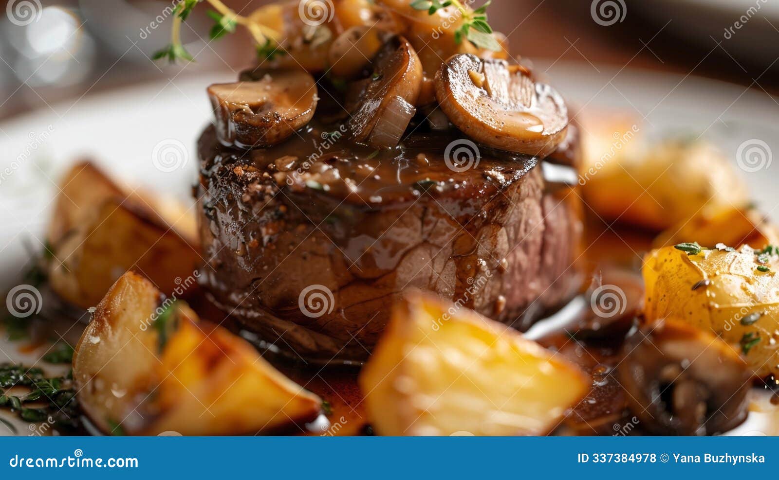 close-up: filet mignon with foie gras, sautÃÂ©ed mushrooms, mushroom sauce, and herb-roasted potatoes