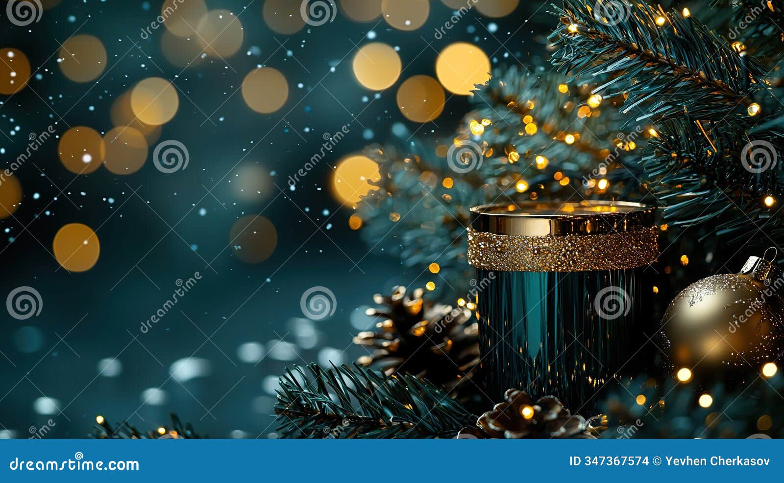 close-up of fir branch with dew and lights in background. christmas concept