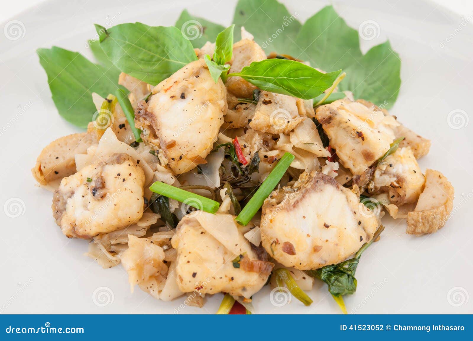 Close Up Fired Thin Noodles with Fish and Soy Sauce, Asian Style Stock