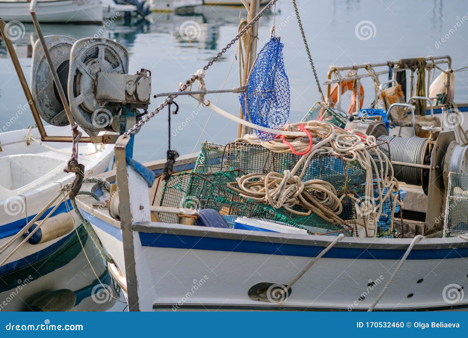 Close Up of the Fishing Boats with Marine Winch and Nets Stock