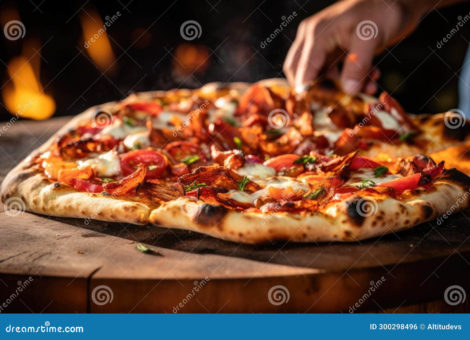 Closeup of a Flatbread Pizza Being Pulled from a Brick Oven, with the