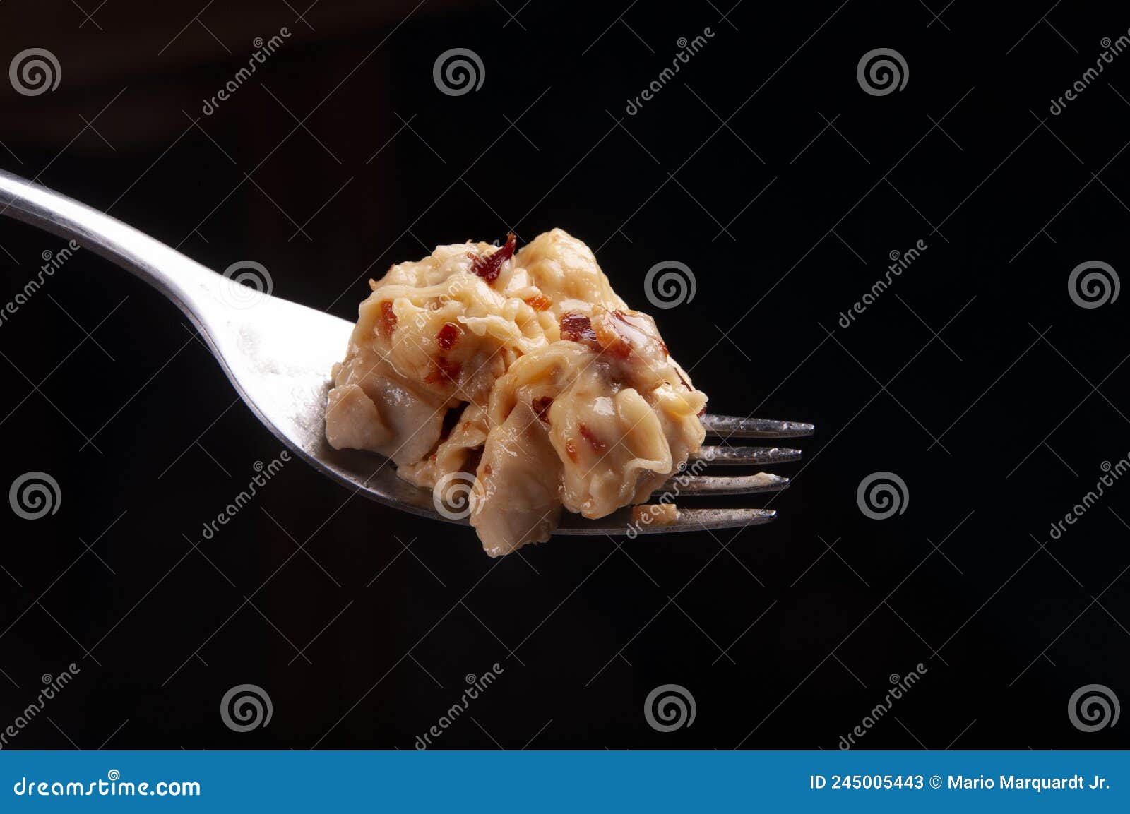 Closeup on Fork Serving Portion of Chicken Breast with Melted Cheese