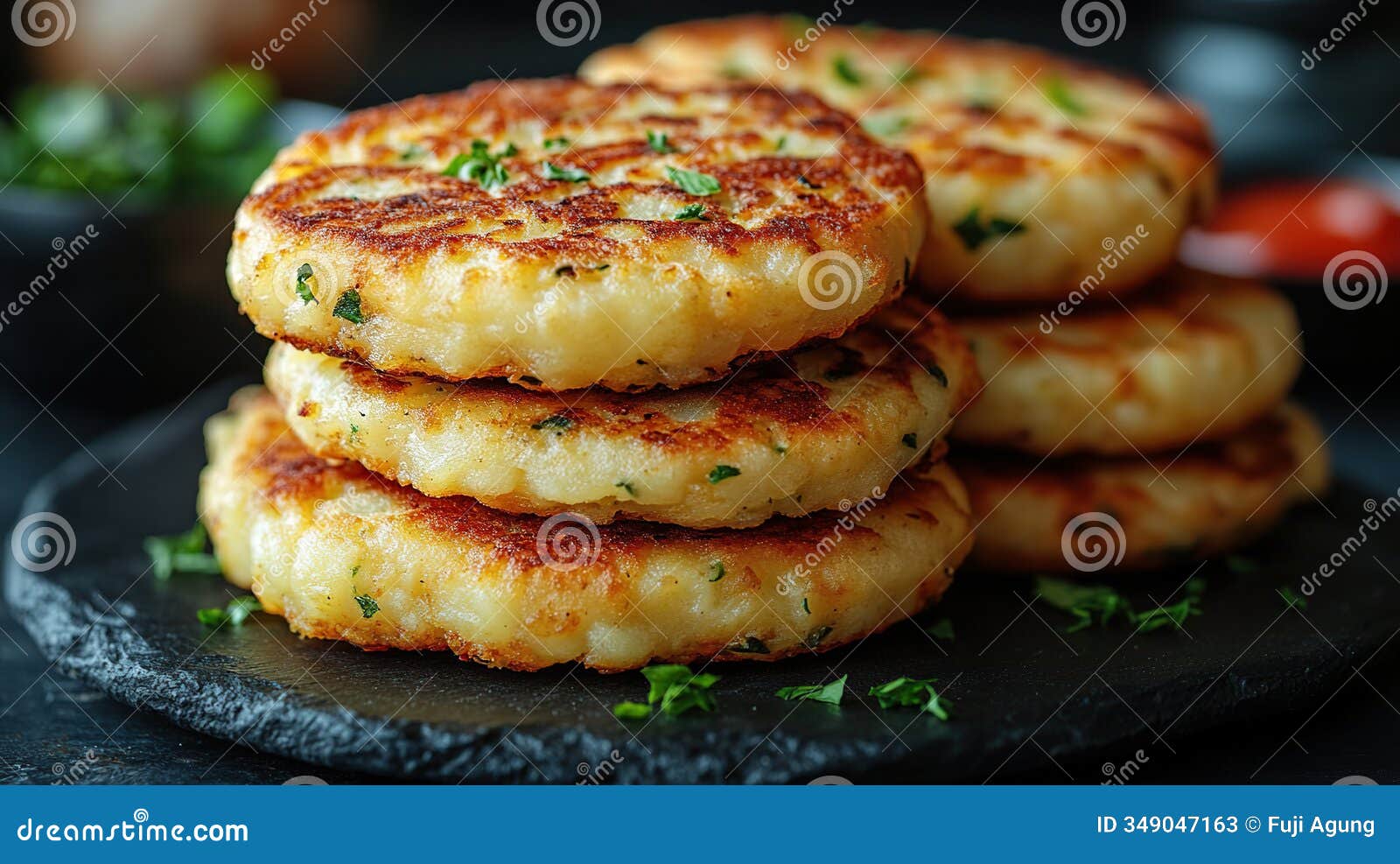 close-up of four crispy potato cakes stacked on a dark slate plate, garnished with fresh parsley, next to a small bowl of sauce