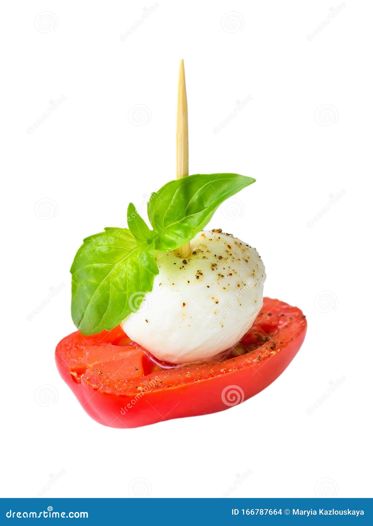 close-up of fresh caprese skewer with mozarella and tomato  on withe background. healhy mediterranean cuisine and