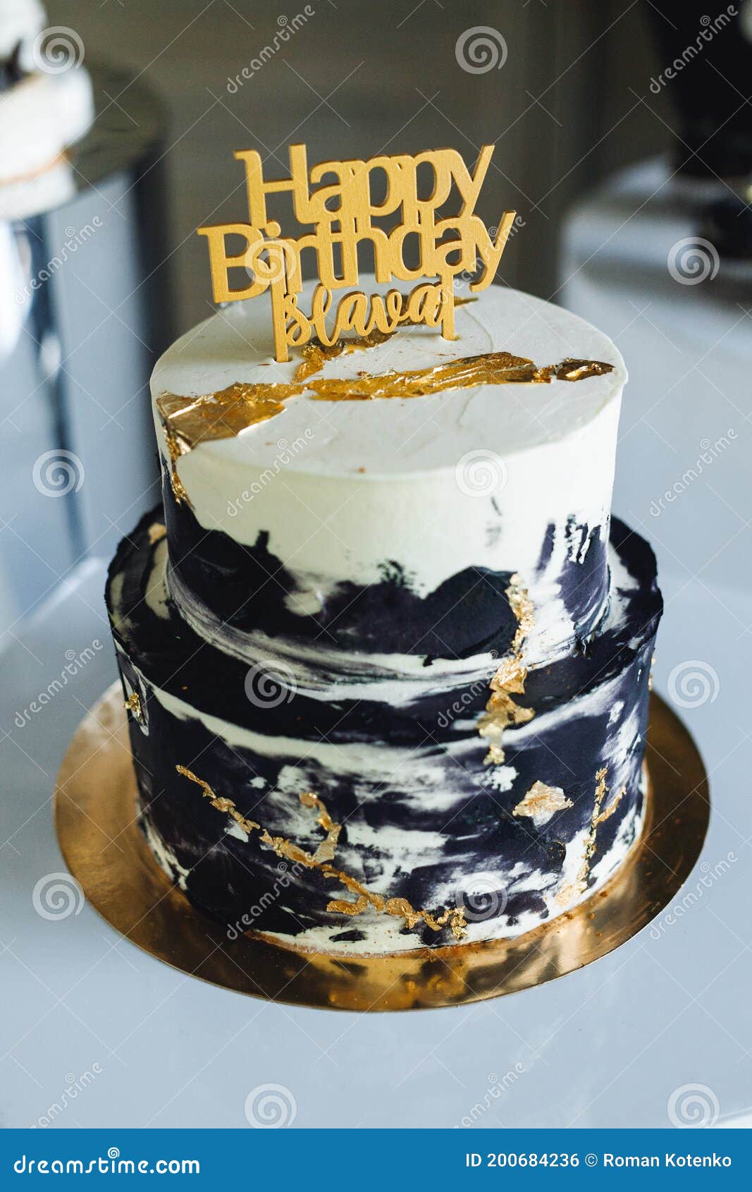 Close Up Of Fresh Delicious Birthday Cake With Words Candles On Gold Plate Stock Photo Image Of Gift Present 200684236