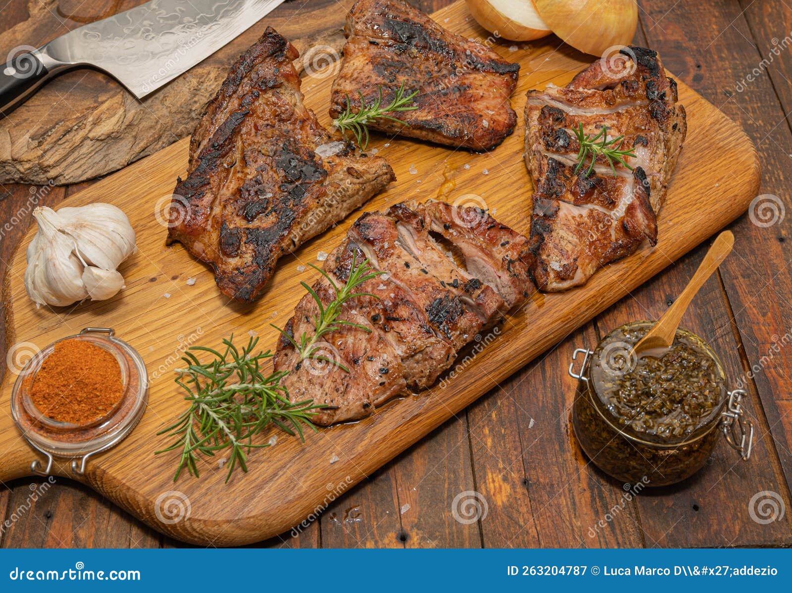 close up of freshly cooked pork secreto iberico with chimichurri