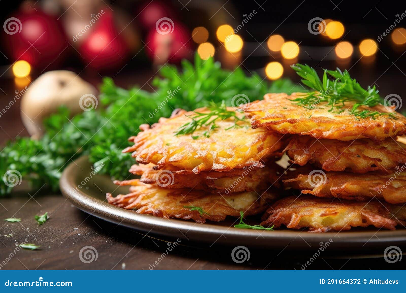 close-up of freshly fried latkes with a sprig of parsley
