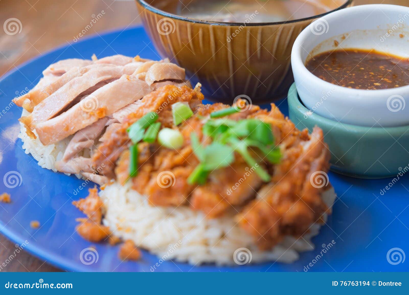 Close Up of Fried Chicken and Boil Chicken with Rice Stock Photo
