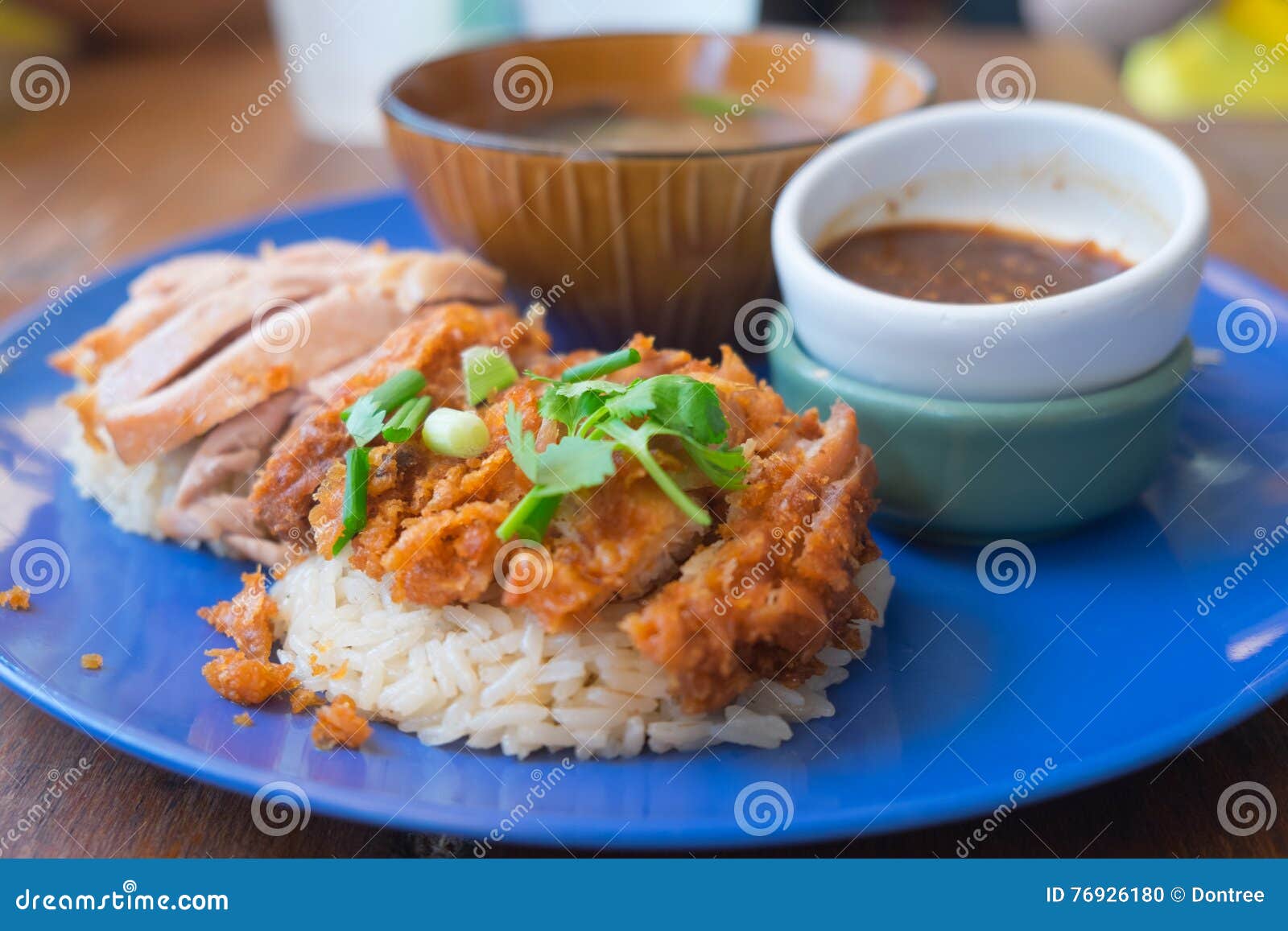 Close Up of Fried Chicken and Boil Chicken with Rice Stock Photo