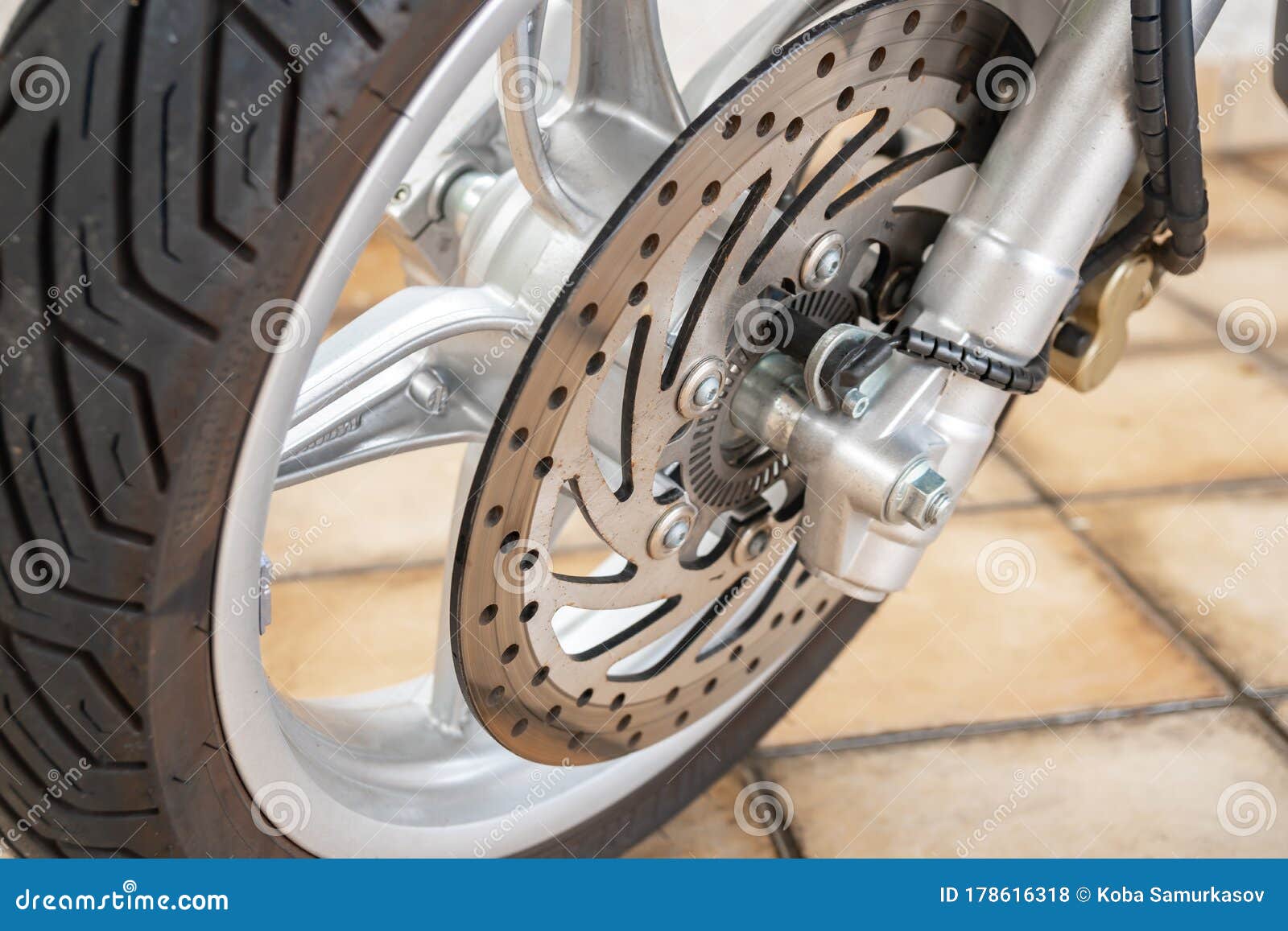 Disk Brake System on a Motorcycle, Close Up Stock Photo Image of