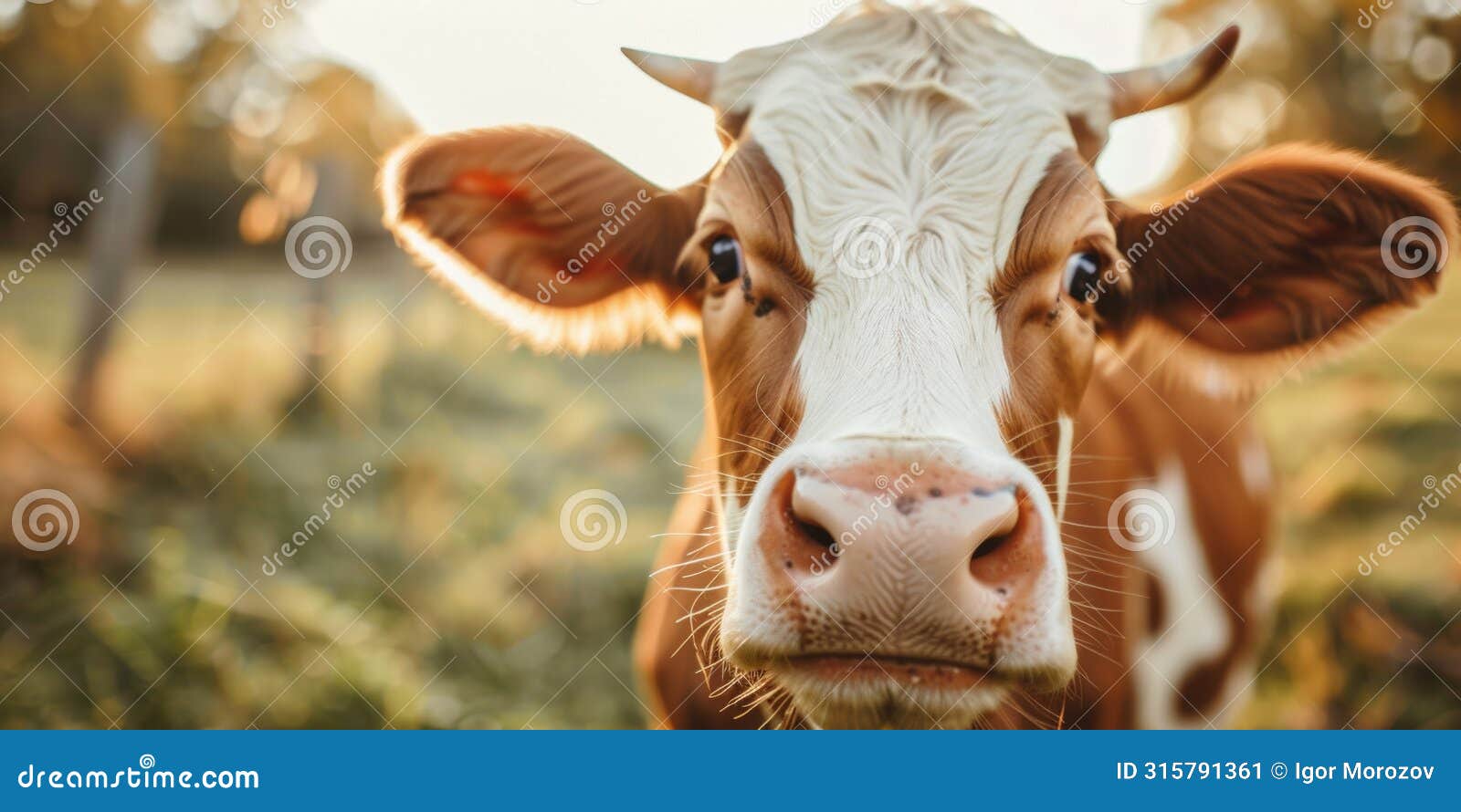 close up frontal portrait of a cow staring at camera, calf snout closeup in green farm field surroundings, copy space