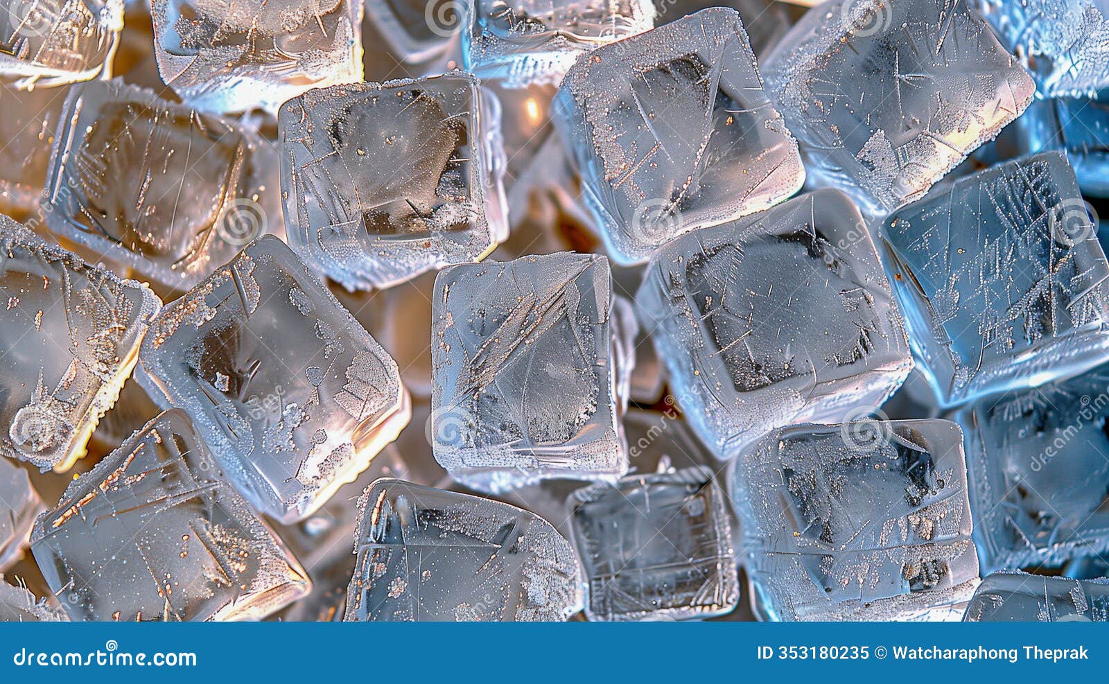 close-up of frosted ice cubes with intricate patterns