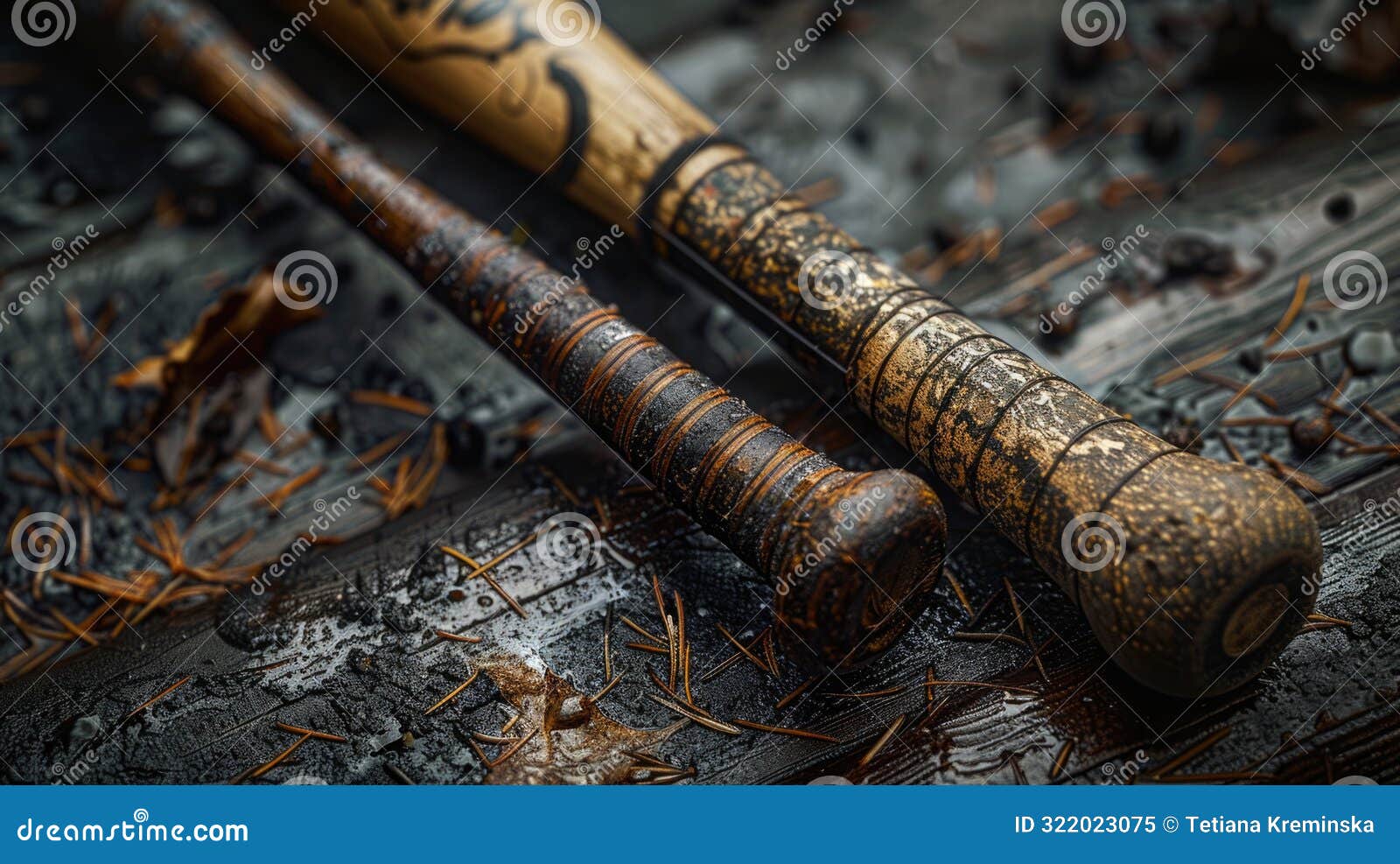 close-up of a fungo racket handle with a baseball bat in the background