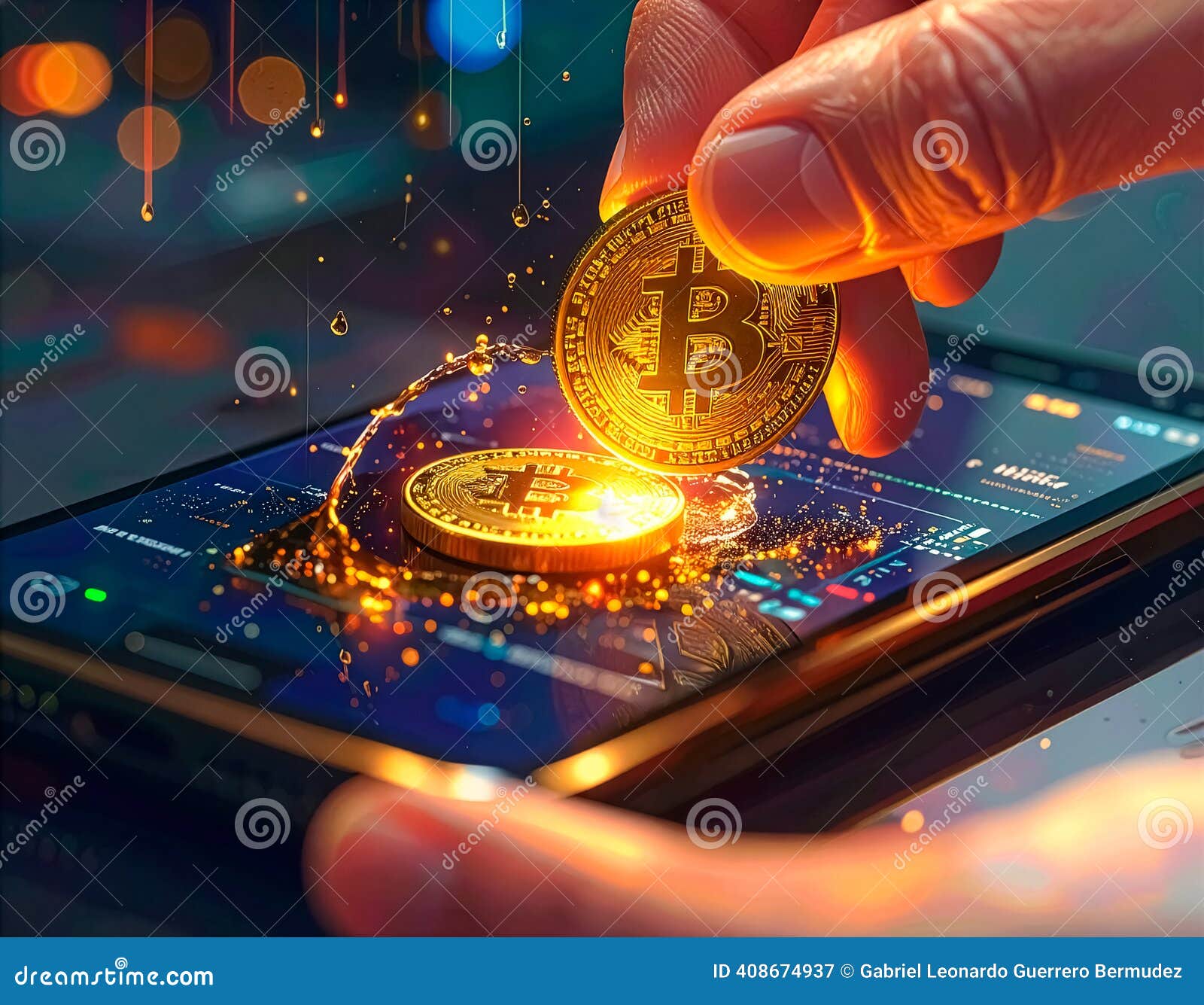 Hand Placing a Physical Gold Bitcoin into a Digital Wallet on a Smartphone  Screen. Stock Illustration - Illustration of gold, modern: 408674937