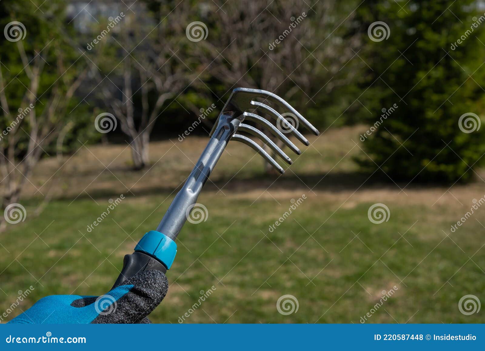 Closeup of a Garden Rake in the Hands of a Gardener Stock Photo