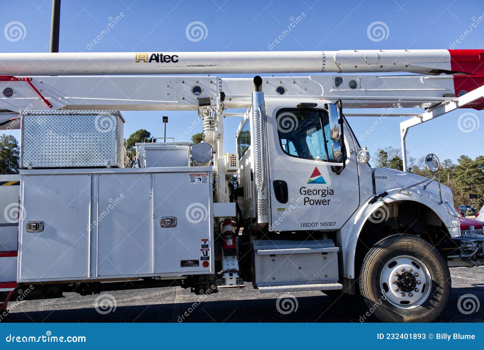 Close Up Georgia Power Utility Truck with Air Bucket Lift Editorial