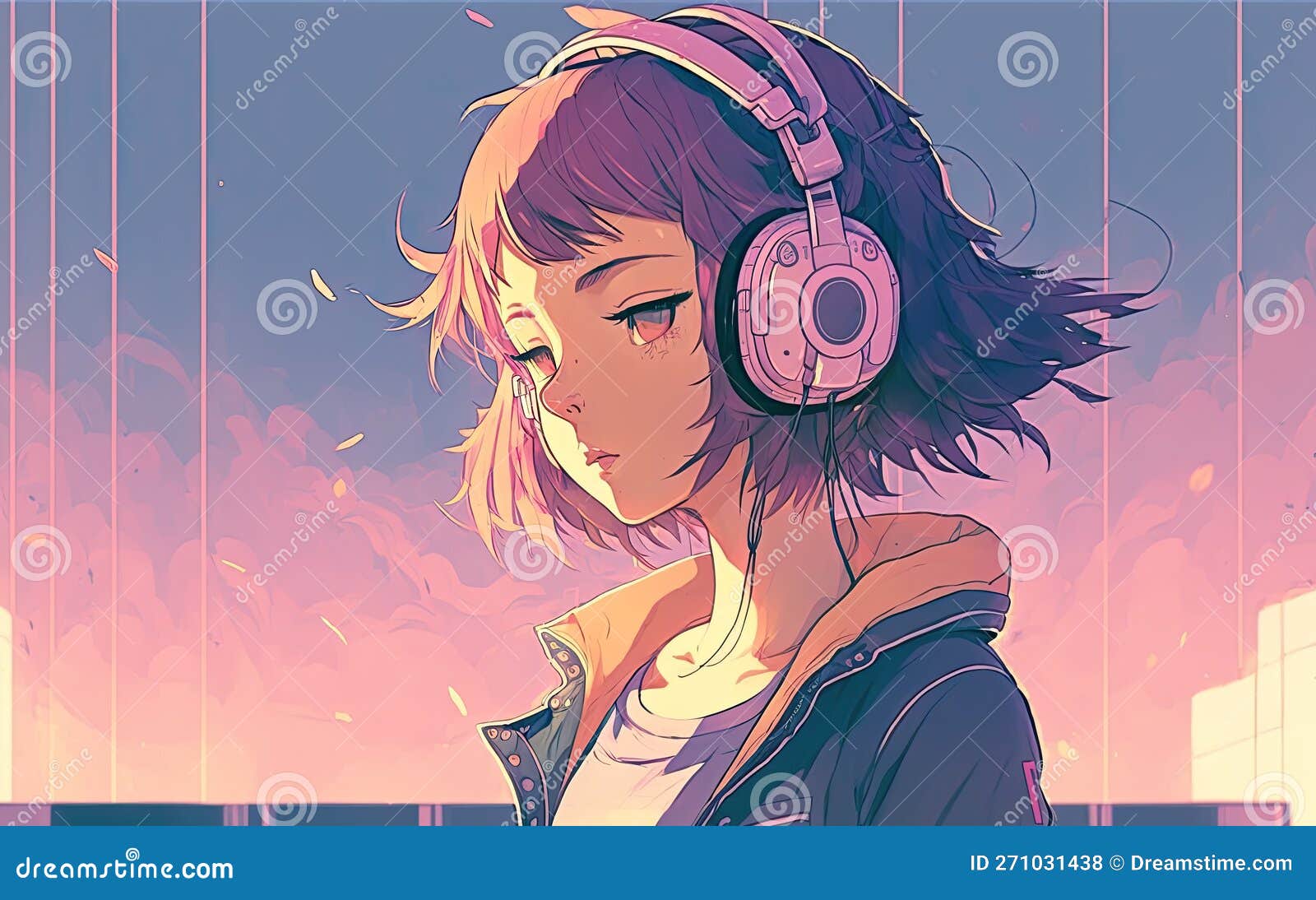 Anime style portrait of girl in headphones Stock Vector Image