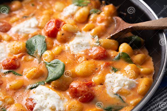 Close Up of Gnocchi in Creamy Tomato Sauce with Baby Spinach and