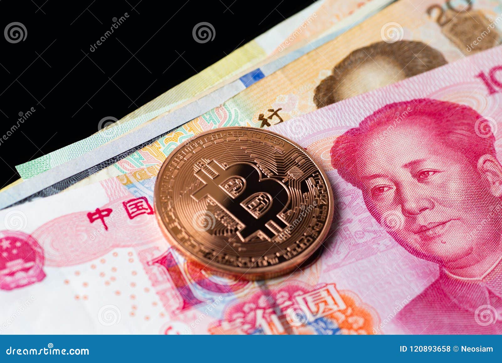 Close-up Of A Golden Bitcoin On Face Of Chinese Yuan ...