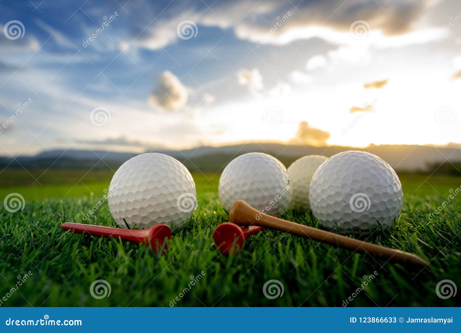 Golf Ball and Tee Pegs on the Green Background Stock Image Image of