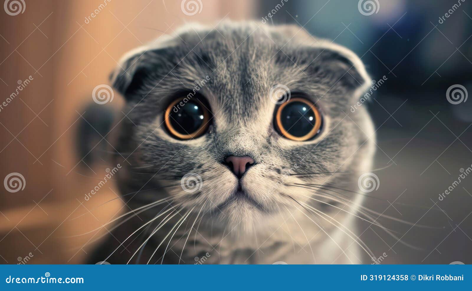 close-up of a gray cat with big round eyes and folded ears, expressing an innocent and curious look