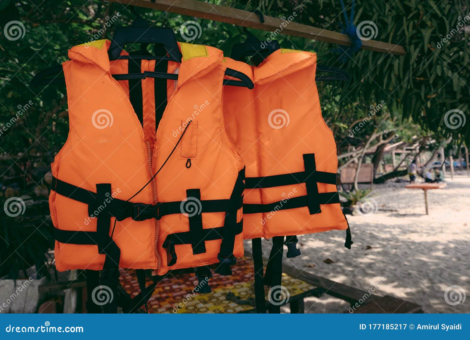 Close-up Group of Life Jacket or Life Vest Hanging Under the Shelter ...