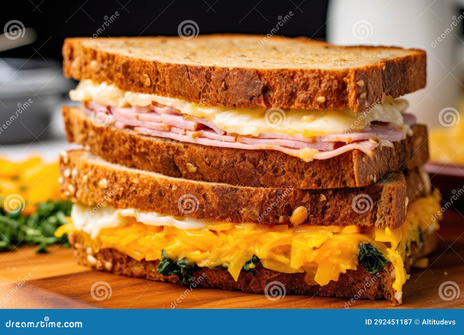 Closeup of a Ham and Cheese Sandwich on Whole Wheat Bread Stock Image