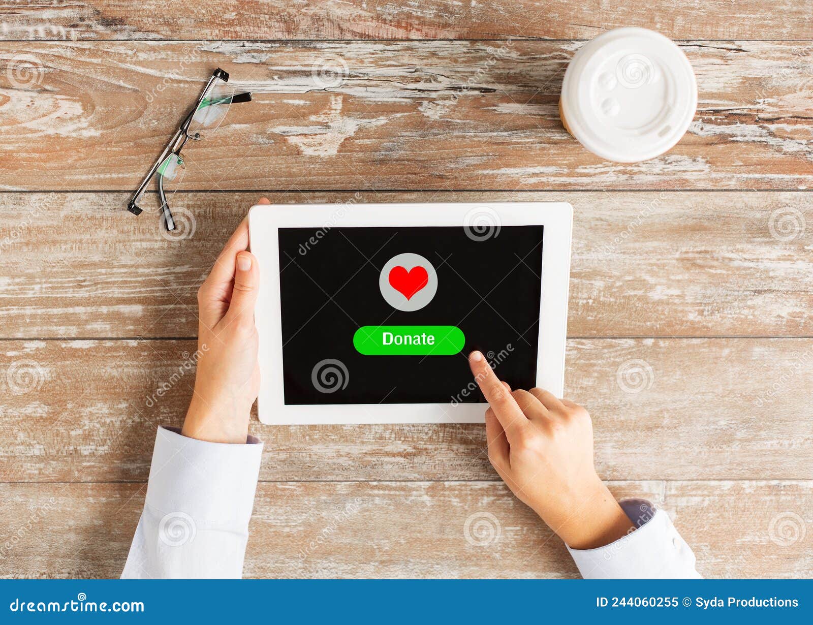 Close Up of Hand with Donate Icon on Tablet Pc Stock Image Image of