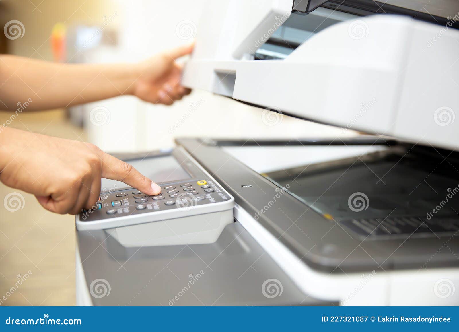 Man Photocopying, Scanning An Old Book On An Open Photocopier Home Printer Top View, Hand