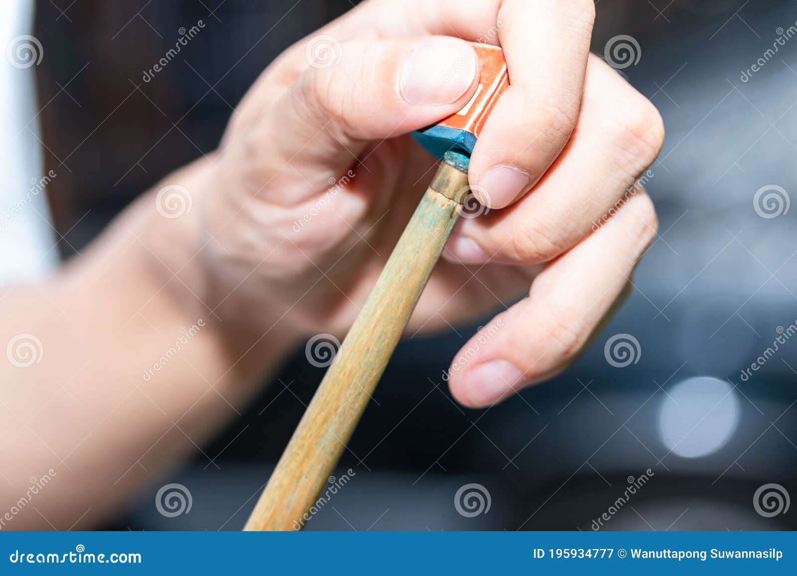 Close Up Hand Player Snooker Using Chalk Rubbing a Cue Stock Image