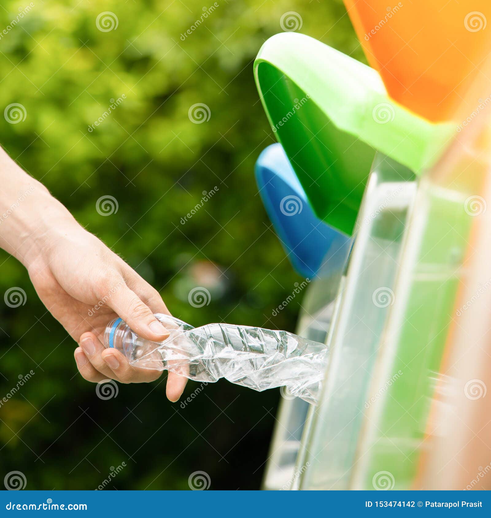 Close Up Hand Putting Plastic Bottle into Bin. Stock Photo Image of