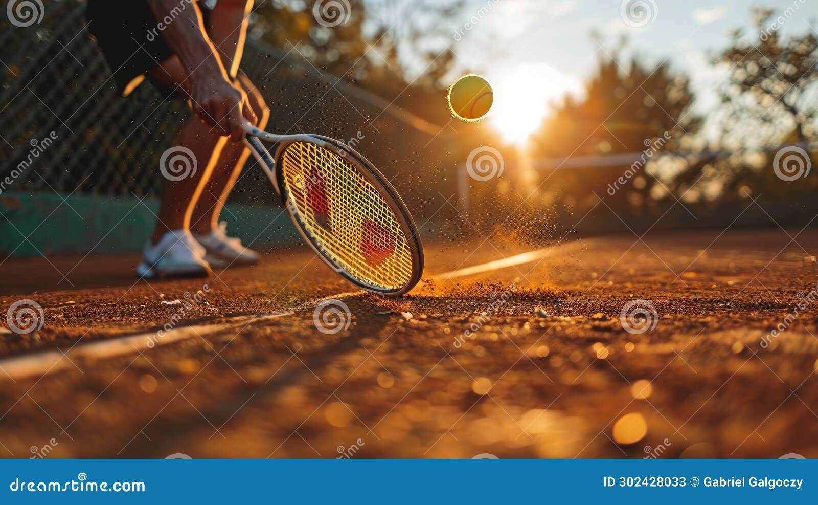 close up of hand with tennis racket and tennisball on green summer grass field